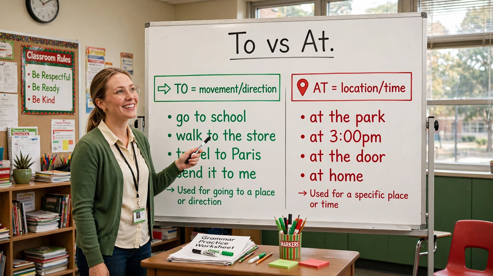 Teacher explaining the difference between the prepositions to (movement) and at (location) on a classroom whiteboard with examples