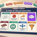 Types of English Questions blog header showing 8 question categories — Rhetorical, Intimidating, Leading, Hypothetical, Loaded, Convergent, Divergent, and Funnel — with example sentences