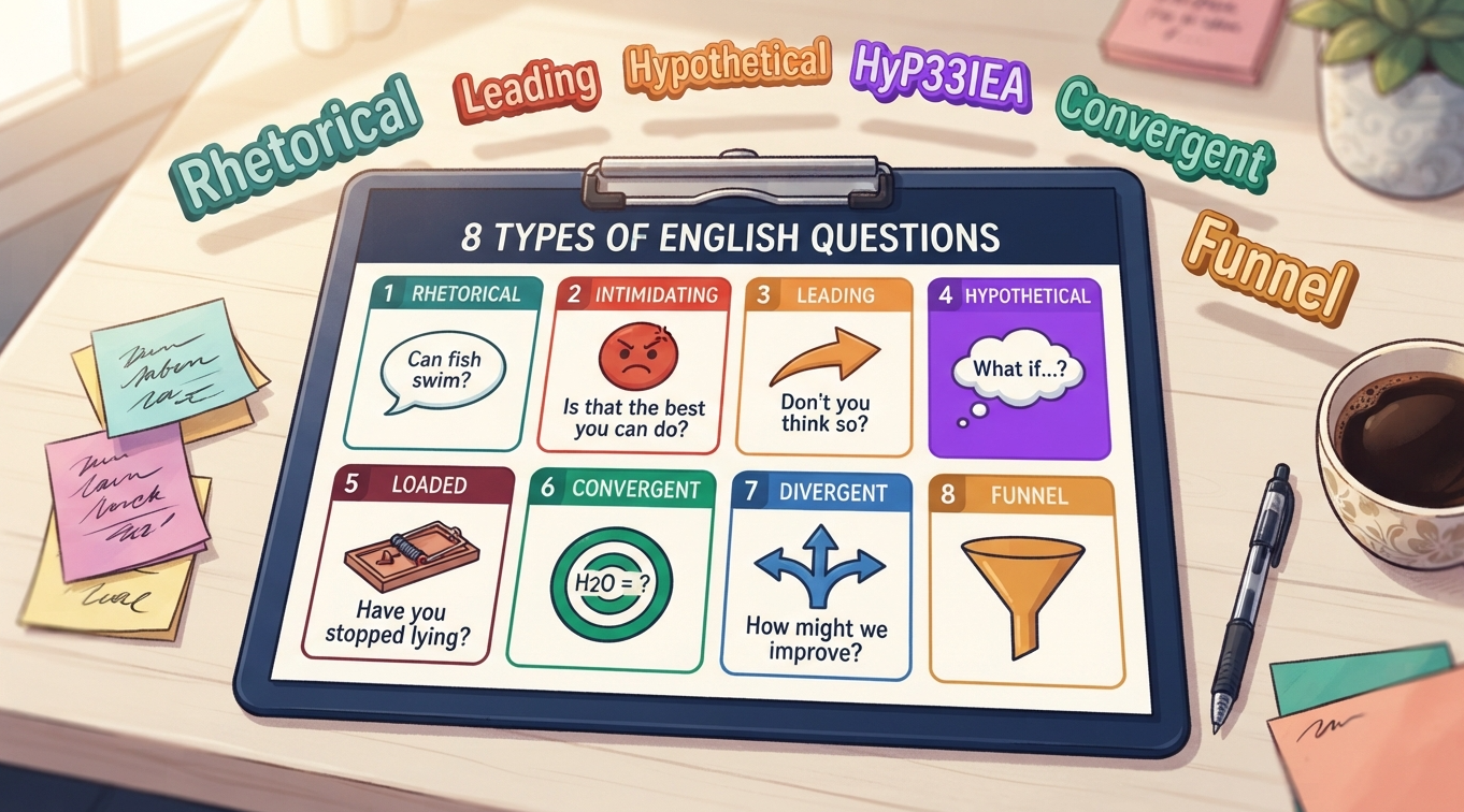 Types of English Questions blog header showing 8 question categories — Rhetorical, Intimidating, Leading, Hypothetical, Loaded, Convergent, Divergent, and Funnel — with example sentences